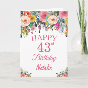 43rd Birthday Watercolor Floral Flowers Pink Card