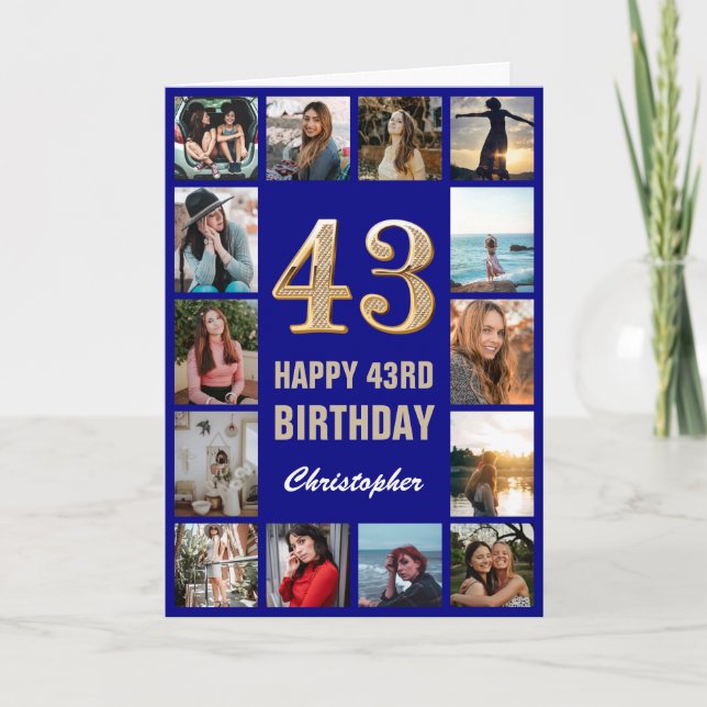 43rd Happy Birthday Navy Blue & Gold Photo Collage Card (Front)