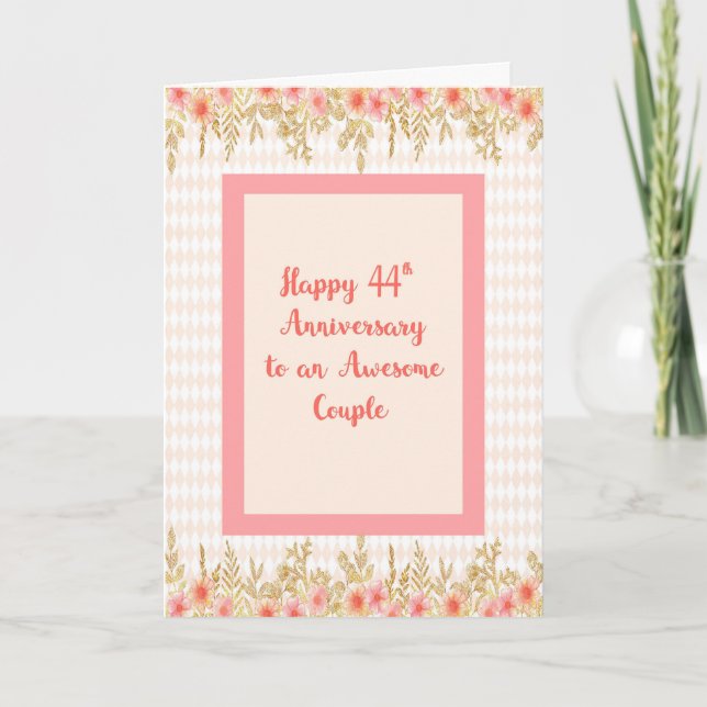 44th Anniversary Card, Peach with Floral Borders Card (Front)
