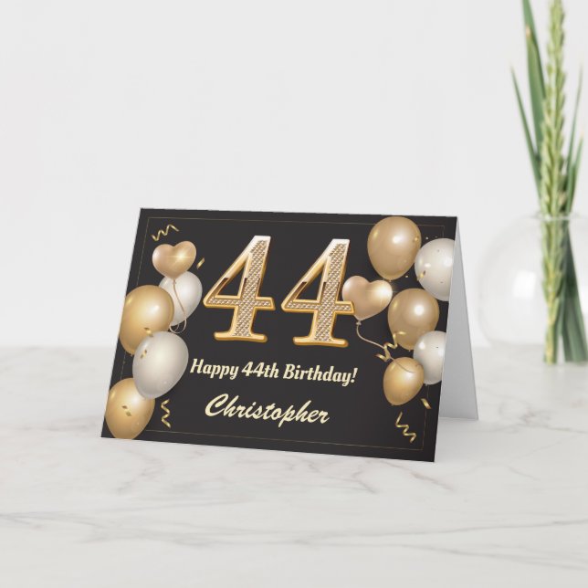 44th Birthday Black and Gold Balloons Birthday Card (Front)