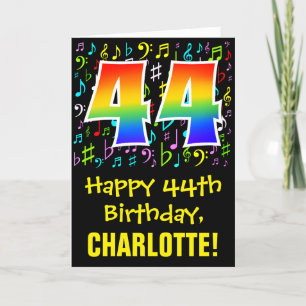 44th Birthday: Colorful Music Symbols + Rainbow 44 Card
