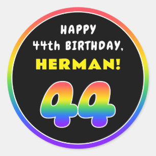 44th Birthday: Colorful Rainbow # 44, Custom Name Classic Round Sticker