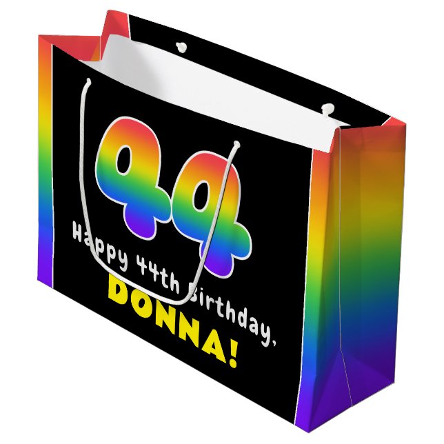 44th Birthday: Colorful Rainbow # 44, Custom Name Large Gift Bag (Front Angled)