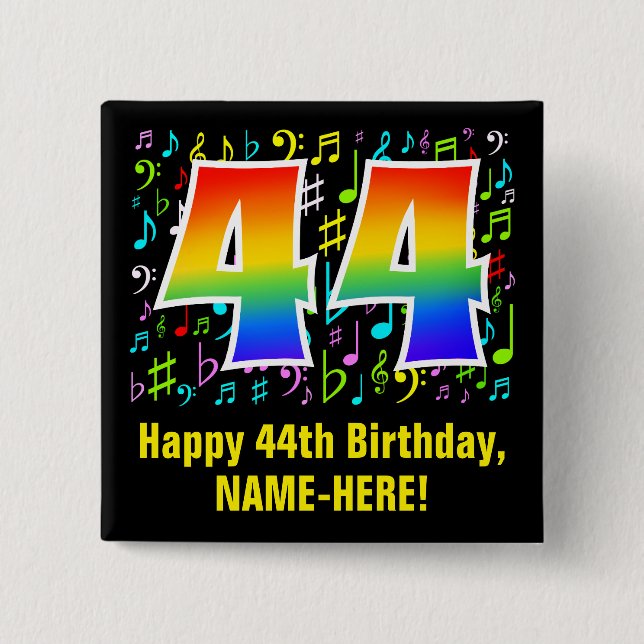 44th Birthday: Colourful Music Symbols, Rainbow 44 15 Cm Square Badge (Front)