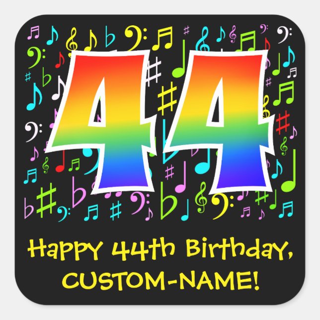 44th Birthday: Colourful Music Symbols, Rainbow 44 Square Sticker (Front)