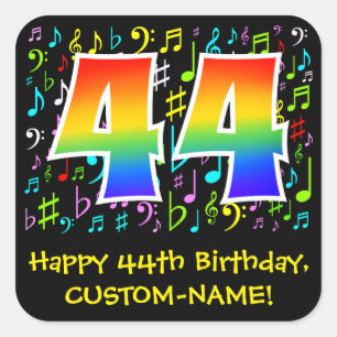 44th Birthday: Colourful Music Symbols, Rainbow 44 Square Sticker