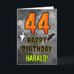 44th Birthday: Eerie Halloween Theme   Custom Name Card<br><div class="desc">The front of this scary and spooky Hallowe’en themed birthday greeting card design features a large number “44”, along with the message “HAPPY BIRTHDAY, ”, and an editable name. There are also depictions of a bat and a ghost on the front. The inside features a custom birthday greeting message, or...</div>