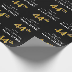 44th Birthday: Elegant, Black, Faux Gold Look Wrapping Paper