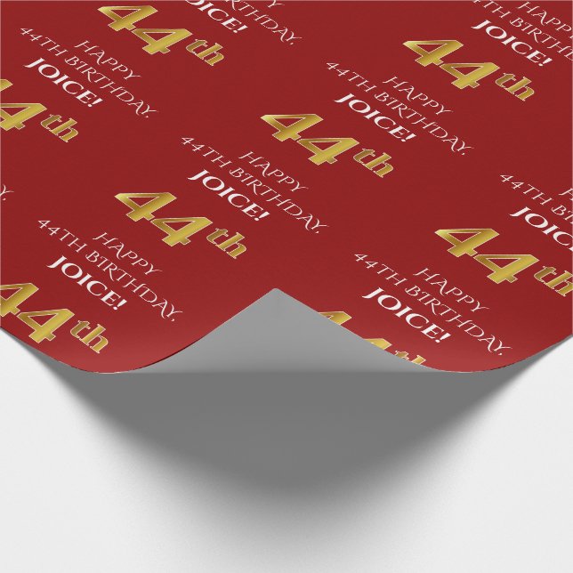 44th Birthday: Elegant, Red, Faux Gold Look Wrapping Paper (Corner)