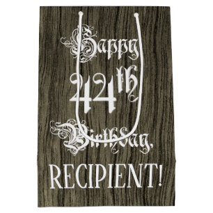 44th Birthday: Fancy, Faux Wood Look + Custom Name Medium Gift Bag