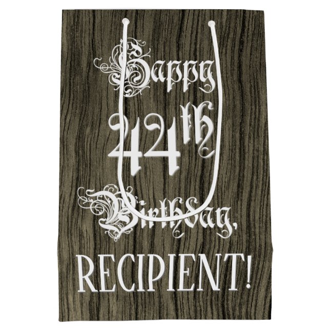 44th Birthday: Fancy, Faux Wood Look + Custom Name Medium Gift Bag (Back)
