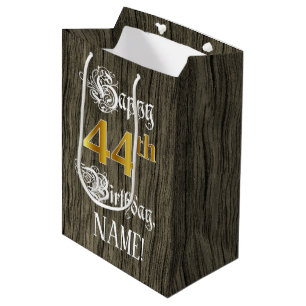 44th Birthday: Faux Gold Look & Faux Wood Pattern Medium Gift Bag