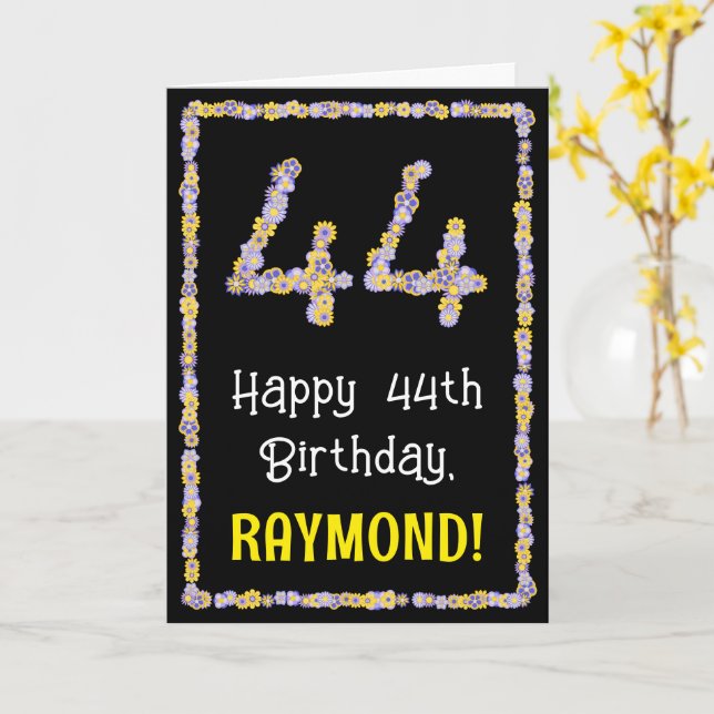 44th Birthday: Floral Flowers Number, Custom Name Card (Yellow Flower)