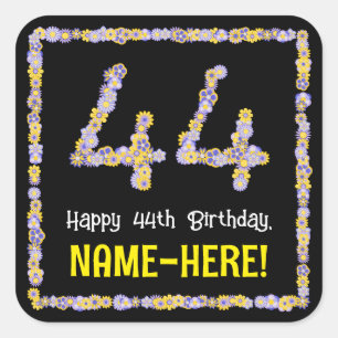 44th Birthday: Floral Flowers Number, Custom Name Square Sticker