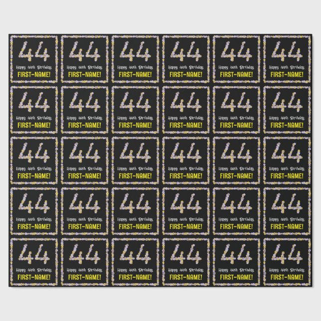 44th Birthday: Floral Flowers Number, Custom Name Wrapping Paper (Seam)