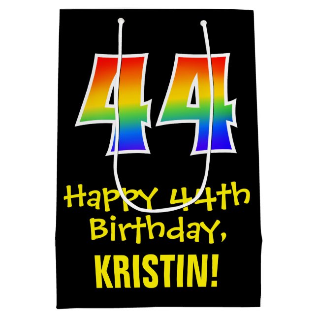 44th Birthday: Fun, Bold, Colourful, Rainbow "44" Medium Gift Bag (Back)
