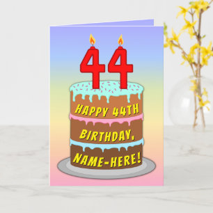 44th Birthday — Fun Cake & Candles, w/ Custom Name Card