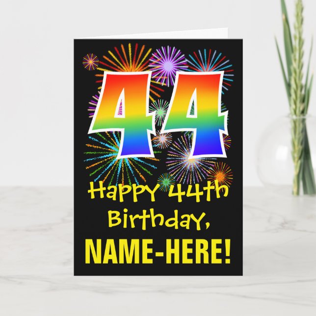 44th Birthday: Fun Fireworks Pattern + Rainbow 44 Card (Front)