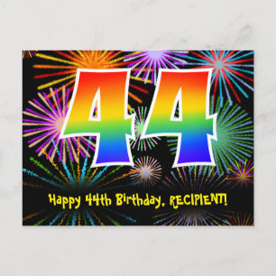 44th Birthday – Fun Fireworks Pattern + Rainbow 44 Postcard