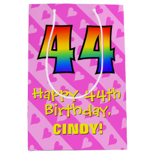 44th Birthday: Fun Pink Hearts Stripes; Rainbow 44 Medium Gift Bag