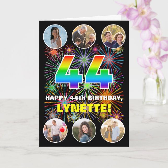 44th Birthday: Fun Rainbow #, Custom Name & Photos Card (Orchid)
