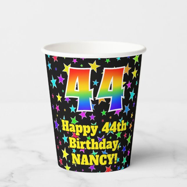 44th Birthday: Fun Stars Pattern and Rainbow 44 Paper Cups (Back)