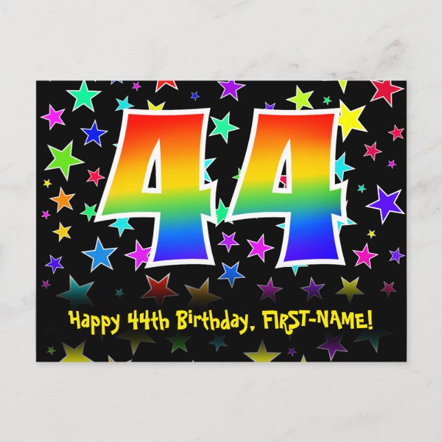 44th Birthday: Fun Stars Pattern, Rainbow 44, Name Postcard (Front)