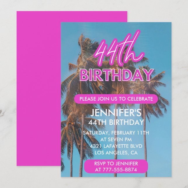 44th birthday invitation Summer Pink Palm tree (Front/Back)