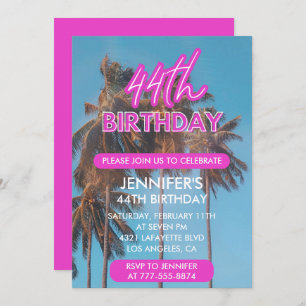 44th birthday invitation Summer Pink Palm tree
