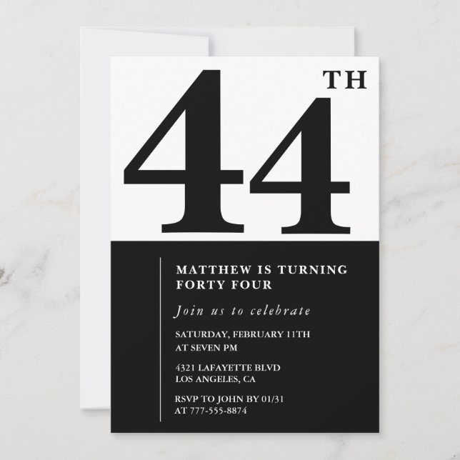 44th birthday invitations Black and White Elegant (Front)