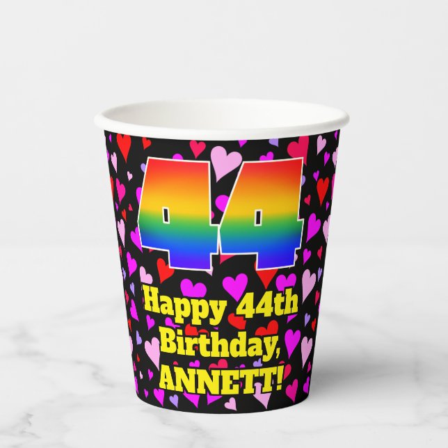 44th Birthday: Loving Hearts Pattern, Rainbow 44 Paper Cups (Front)