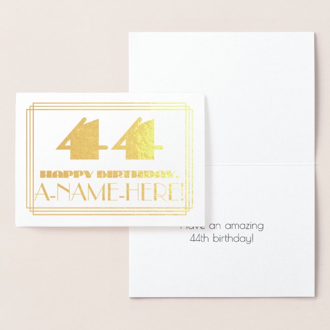 44th Birthday; Name + Art Deco Inspired Look "44" Foil Card (Display)