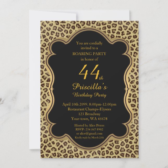 44th,Birthday Party 44th,Cheetah, Black & Gold Invitation (Front)