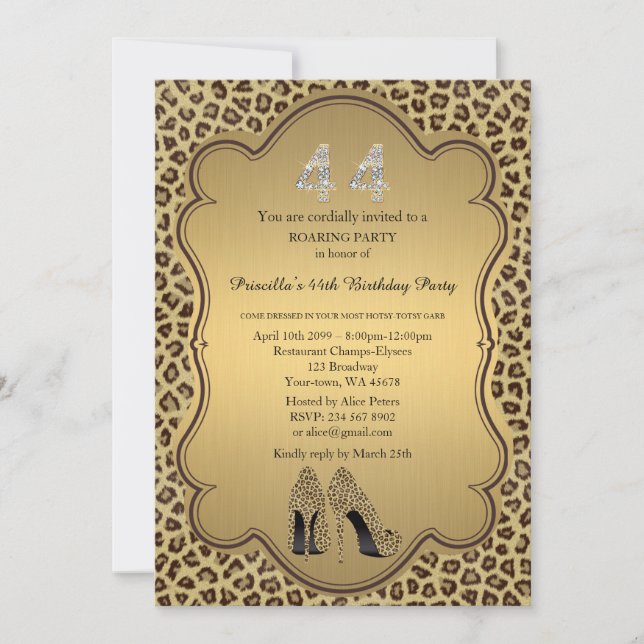 44th,Birthday Party 44th,Cheetah High Heels Shoes Invitation (Front)