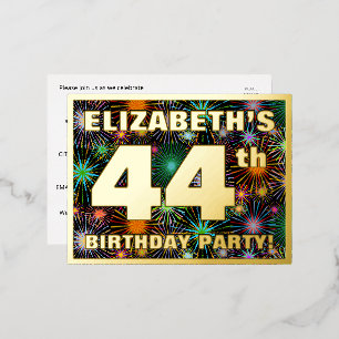 44th Birthday Party: Bold, Colorful Fireworks Look Foil Invitation Postcard