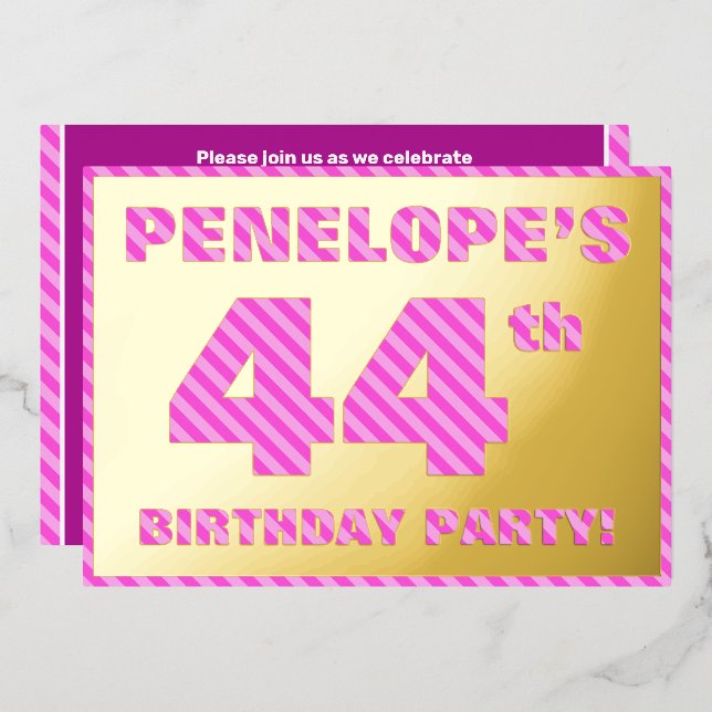 44th Birthday Party — Bold, Fun, Pink Stripes # 44 (Front/Back)