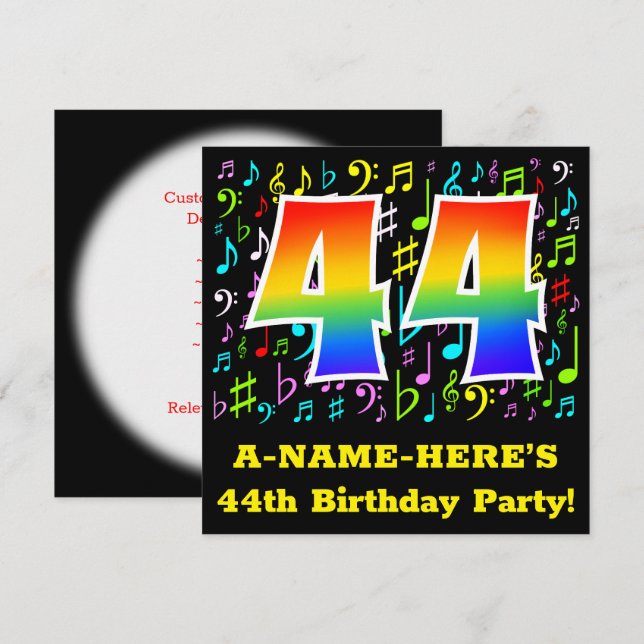 44th Birthday Party: Fun Music Symbols, Rainbow 44 Invitation (Front/Back)