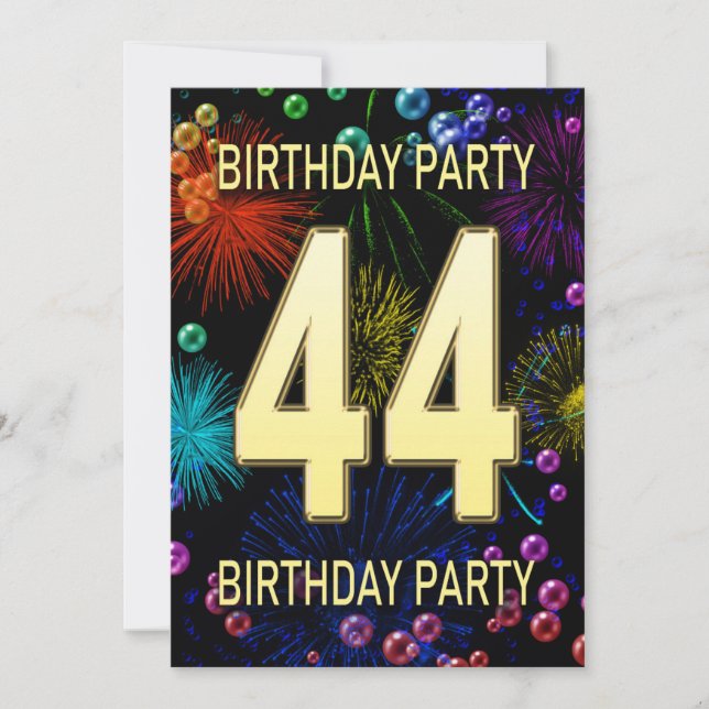 44th Birthday Party Invitation Fireworks Bubbles (Front)