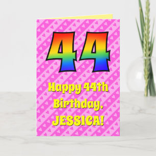 44th Birthday: Pink Stripes & Hearts, Rainbow # 44 Card