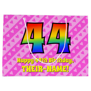 44th Birthday: Pink Stripes & Hearts, Rainbow # 44 Large Gift Bag