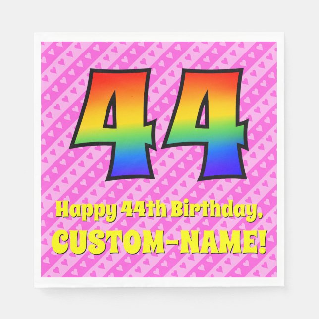 44th Birthday: Pink Stripes & Hearts, Rainbow # 44 Napkin (Front)