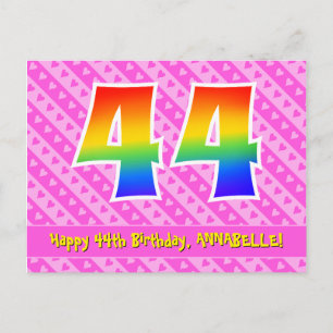 44th Birthday: Pink Stripes & Hearts, Rainbow 44 Postcard