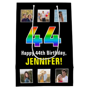 44th Birthday: Rainbow “44“, Custom Photos & Name Medium Gift Bag