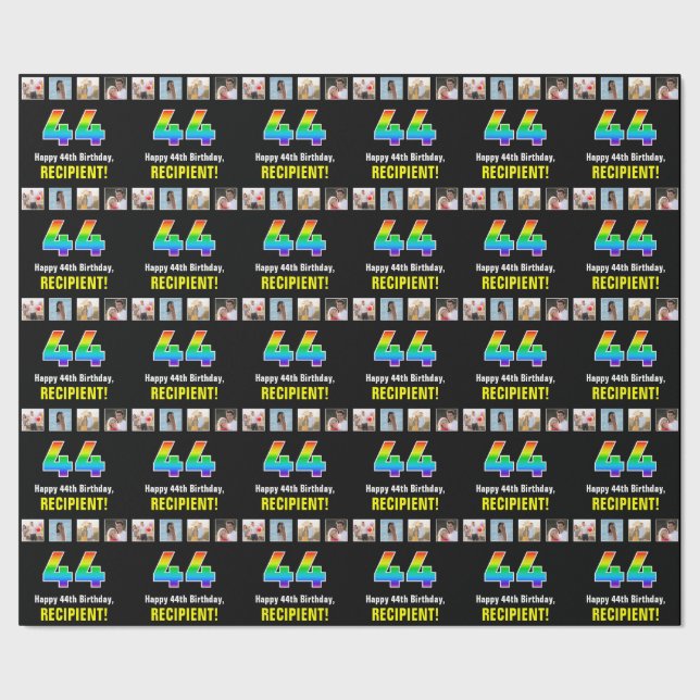 44th Birthday: Rainbow “44“; Custom Photos & Name Wrapping Paper (Seam)