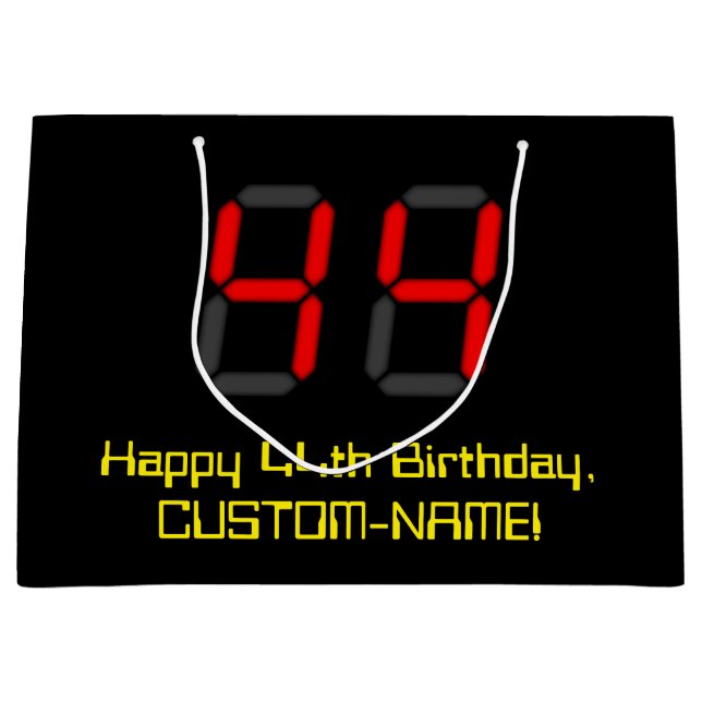 44th Birthday: Red Digital Clock Style "44" + Name Large Gift Bag (Front)