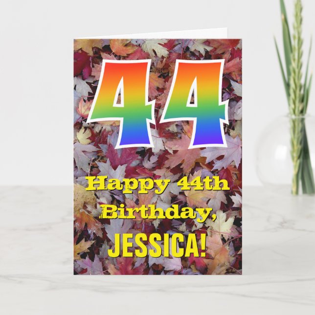 44th Birthday; Rustic Autumn Leaves; Rainbow "44" Card (Front)