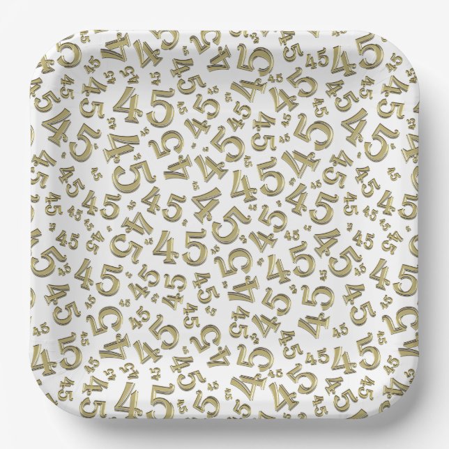 45 Random Number Pattern Gold/White Paper Plates (Front)