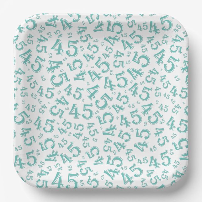 45 Random Number Pattern Teal/White Paper Plates (Front)