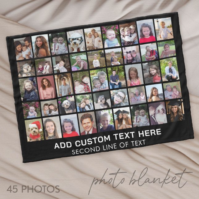 45 Square Photo Collage Grid with Text - black Fleece Blanket (Photo Blanket - Custom Pictures in a Collage)