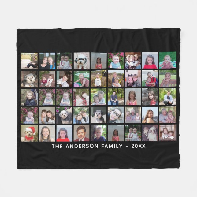 45 Square Photo Collage Grid with Text - black Fleece Blanket (Front (Horizontal))